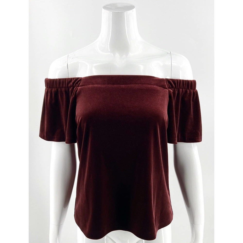 White House Black Market Off Shoulder Velour Top Sz XS Maroon Red Ruffle Sleeve